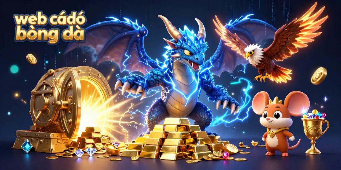 The vibrant web cá độ bóng đá scene showcases powerful characters with dynamic energy, surrounded by rich gaming elements and treasures.