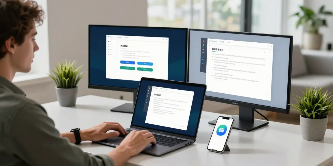 Person setting up the 快连 app in a high-tech home office environment with multiple screens and modern decor.