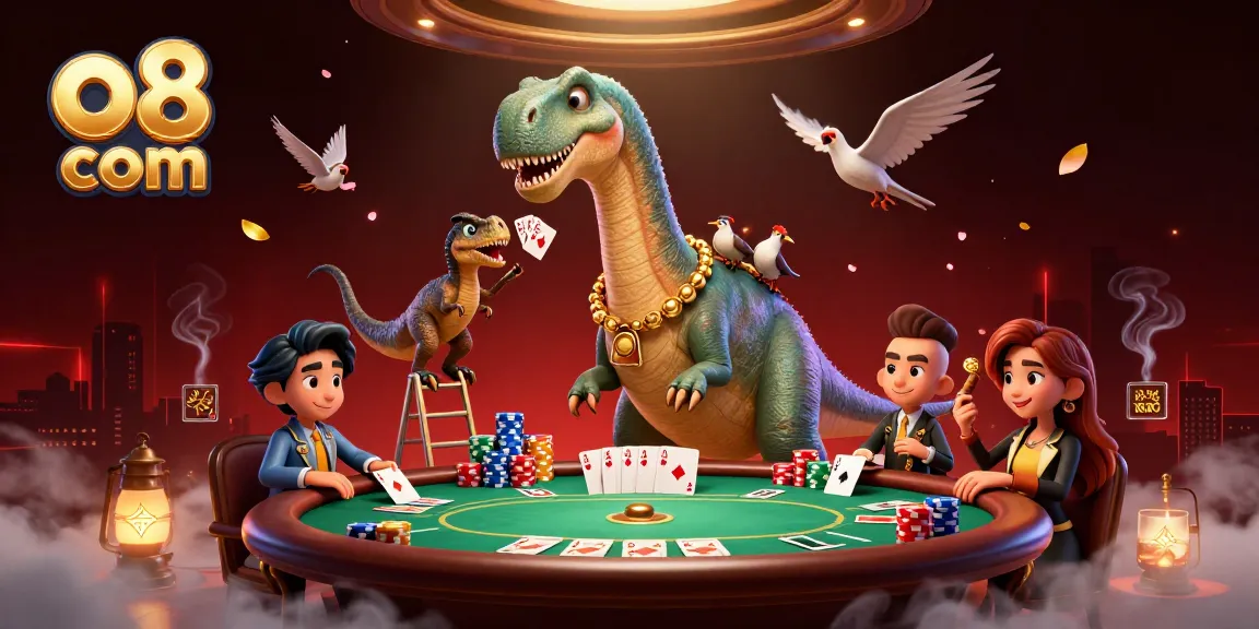 Engage in vibrant poker games at o8 com, featuring a giant brontosaurus above a dynamic casino scene.