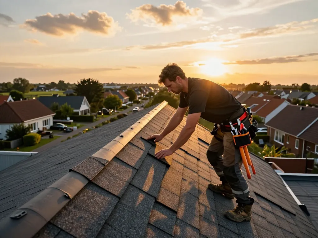 Dakdekker die shingles installeert op een residentieel dak in Hoevelaken, met kwaliteit ambacht en veiligheid.