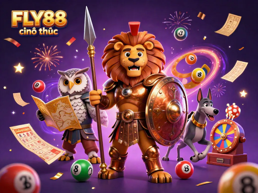 Experience excitement with FLY88 chính thức, featuring characters amidst a vibrant gaming scene filled with lottery balls and prizes.