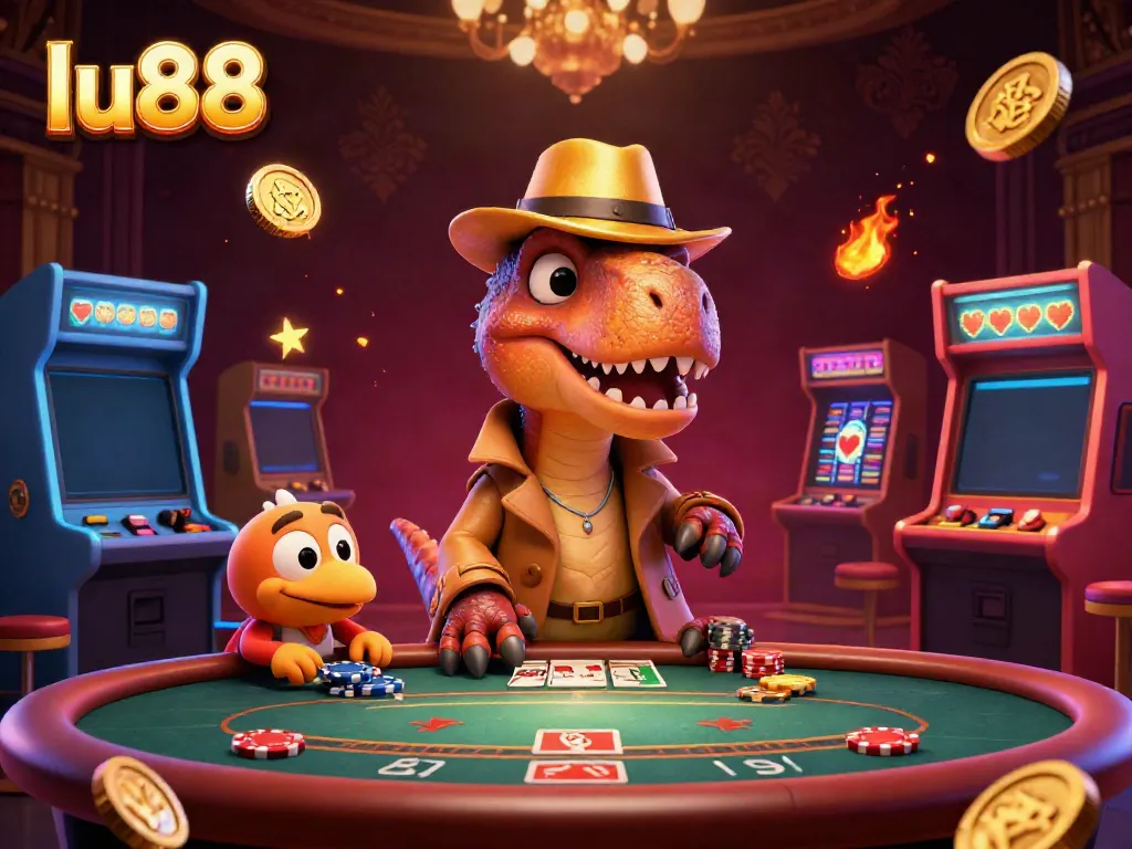 Experience vibrant gameplay at lu88 with charming cartoon dinosaurs in a bustling casino scene.