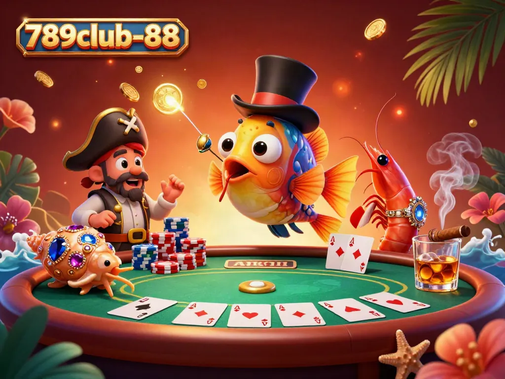 Sparkling scene capturing the 789club-88 anglerfish and friends attracting golden coins amidst poker excitement.
