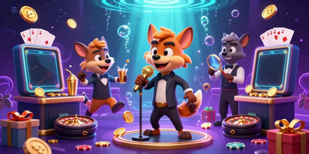 Experience the excitement of situs slot with lively hyena characters in a casino setting, showcasing dynamic slot game elements.