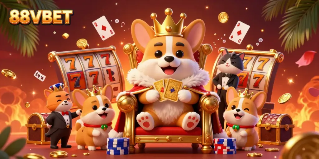 Enjoy immersive gaming with 88VBET's vibrant scene featuring playful corgi royalty and rich casino elements.