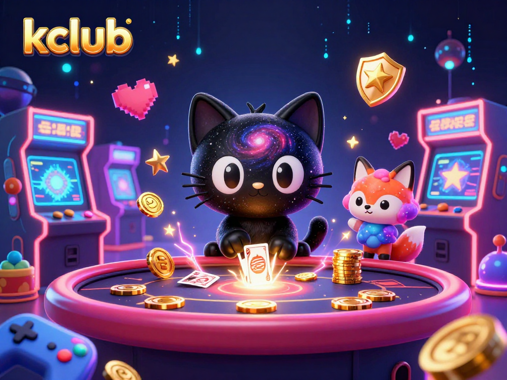 Kclub's vibrant cosmic casino scene showcasing a black hole cat and nebula fox amidst game machines and glowing elements.
