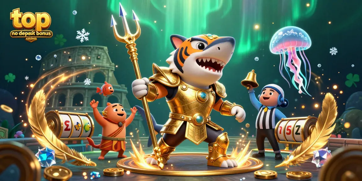 Experience thrilling action at top no deposit bonus casinos with a shark in gladiator armor and vibrant gaming elements.