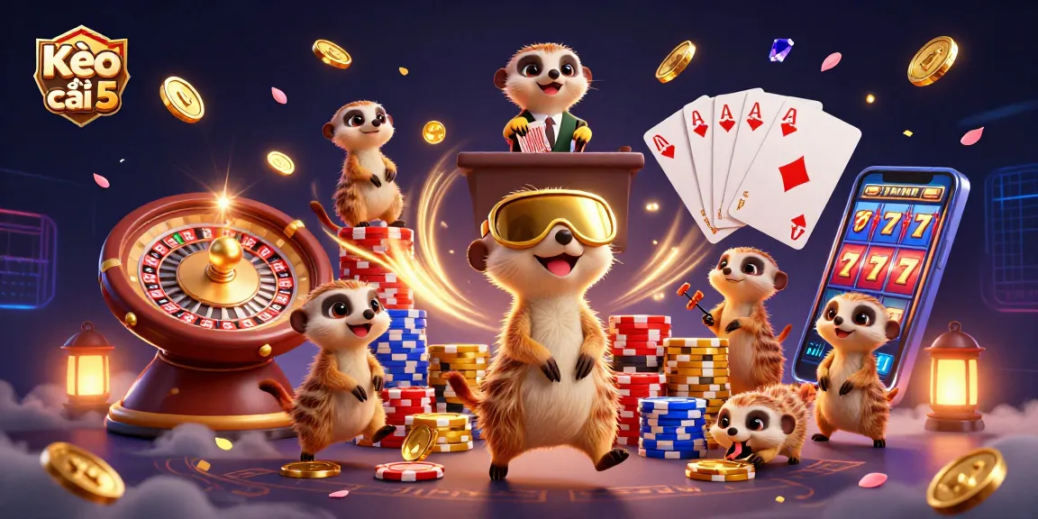 Kèo nhà cái 5 showcases lively meerkats in a casino scene with dynamic gambling elements and rich visuals for sports betting enthusiasts.