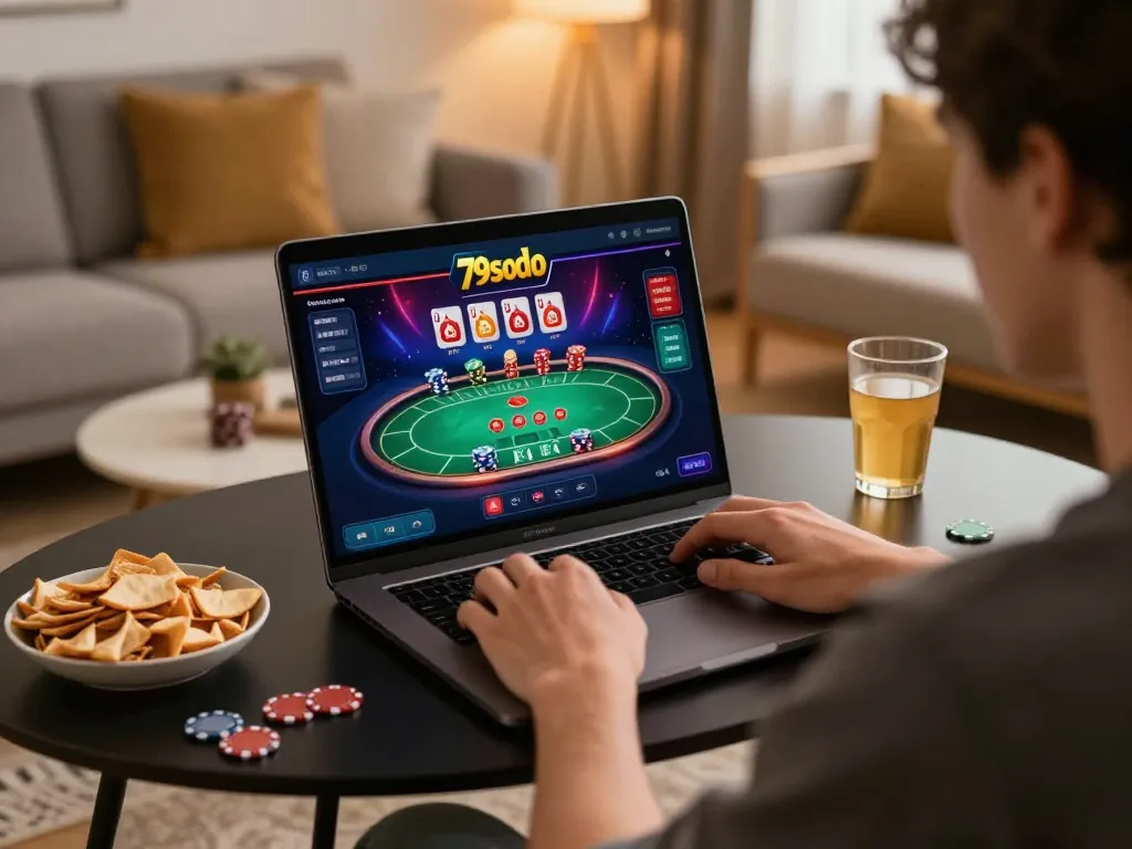 Player enjoying online gambling at 79sodo with laptop, snacks, and drinks in cozy setting.