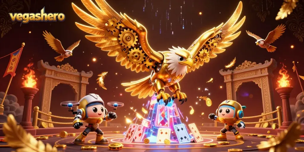 Experience vegashero's thrilling gaming action with a golden eagle amidst holographic cards and vibrant casino elements.