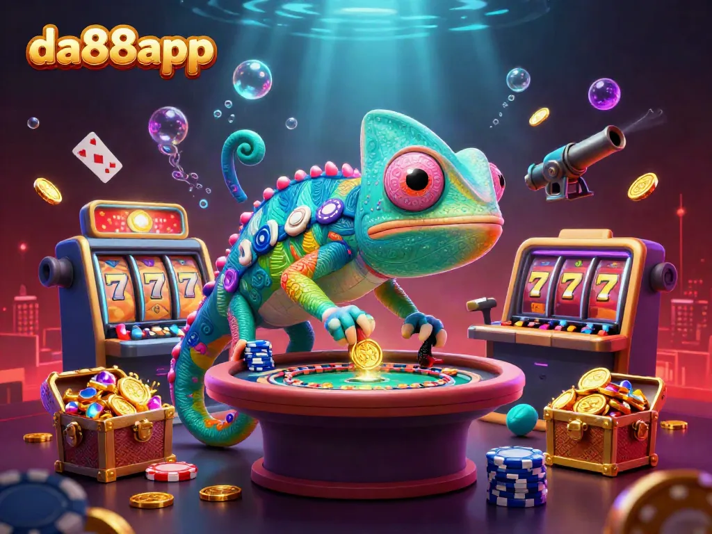 Experience vibrant gameplay at da88app with a chameleon casino owner amidst treasurable riches.
