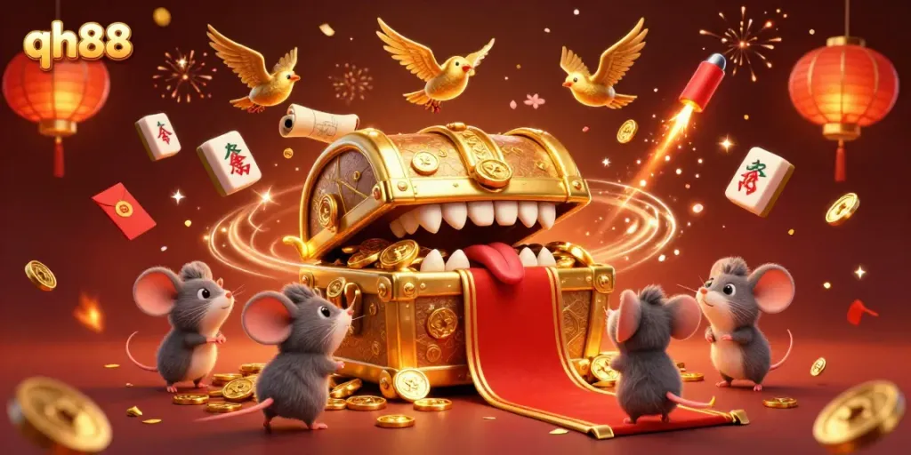 Engage with qh88's exciting casino adventures featuring a golden treasure chest and vibrant game elements.