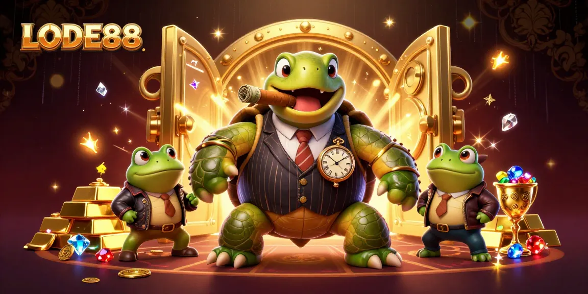 Experience the thrill of LODE88 with a vibrant casino scene featuring a turtle mobster and riches.