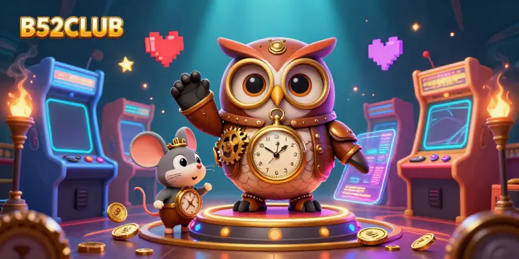 Engage with vibrant gaming at B52CLUB, where a time-traveler owl hosts a dynamic casino experience.