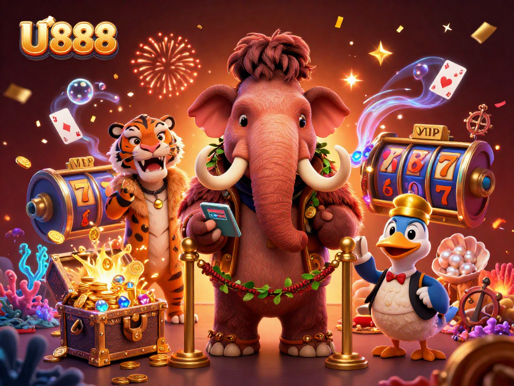 Experience the vibrant U 888 casino scene featuring an interactive gang of characters and jackpots.