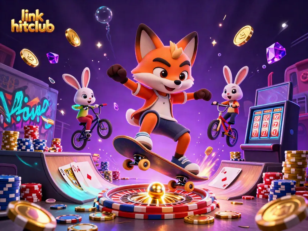 Playful illustration celebrating link hitclub with energetic casino-themed characters and vibrant game elements.
