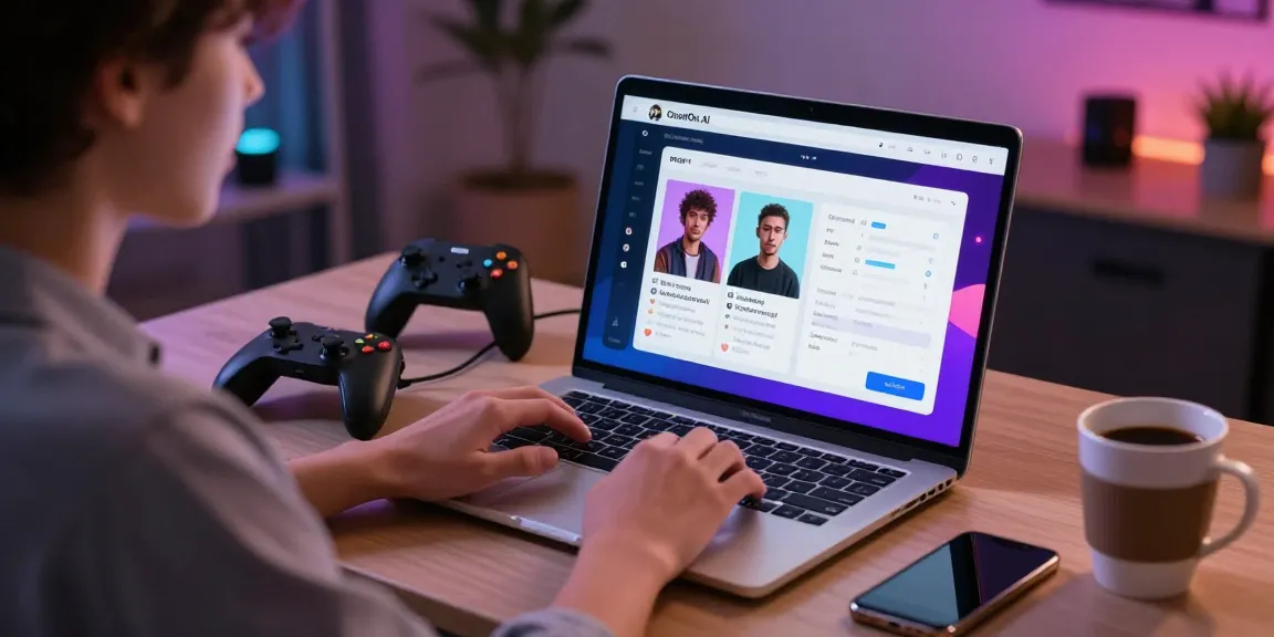 User engaged in character ai nsfw roleplay on laptop, showcasing CrushOn.AI's immersive and customizable features.