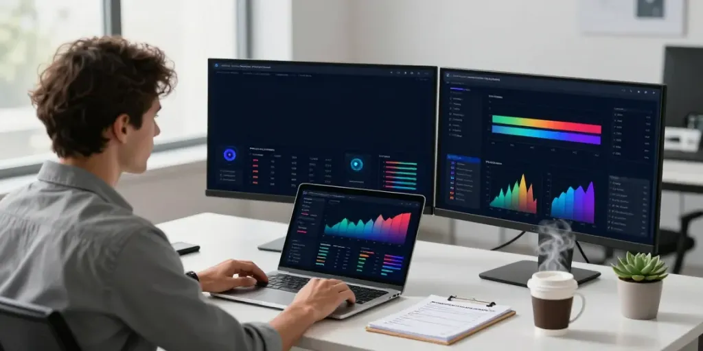 Analyzing AI mention checker data in a sleek tech workspace
