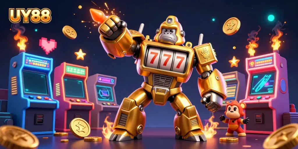Engage with UY88's dynamic 3D casino mech scene showcasing thrilling gaming elements and vibrant visuals.