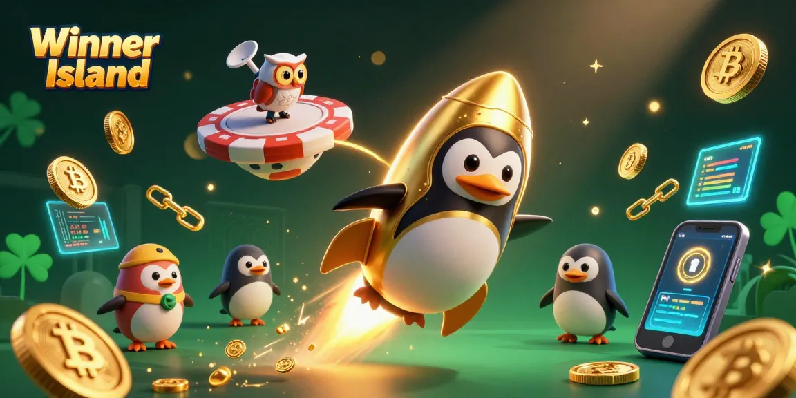 Experience the thrill of Winner Island Casino with vibrant gaming elements and a captivating penguin character.
