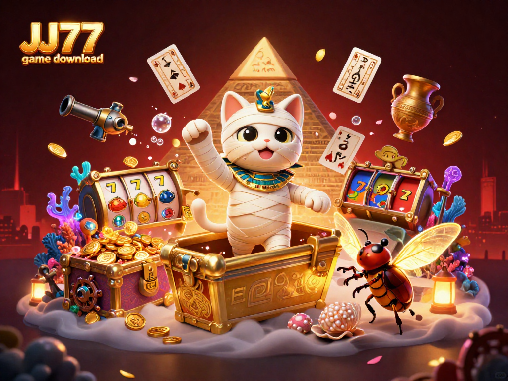 Experience excitement with JJ77 game download featuring a vibrant casino scene and magical elements.
