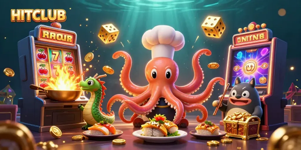 Engage with HITCLUB's vibrant casino ambiance featuring a dynamic octopus chef and rich game elements.