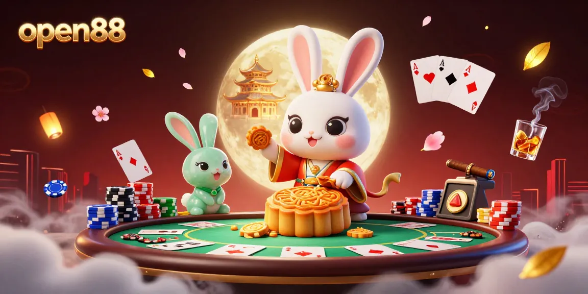 Engage in thrilling poker action with open88 and vibrant casino scenes featuring moon rabbits.