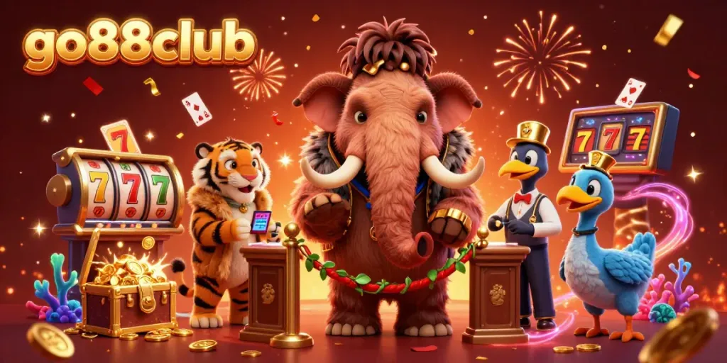 Experience the vibrant energy of go88club with characters in a lively casino setting featuring gold coins and slot reels.