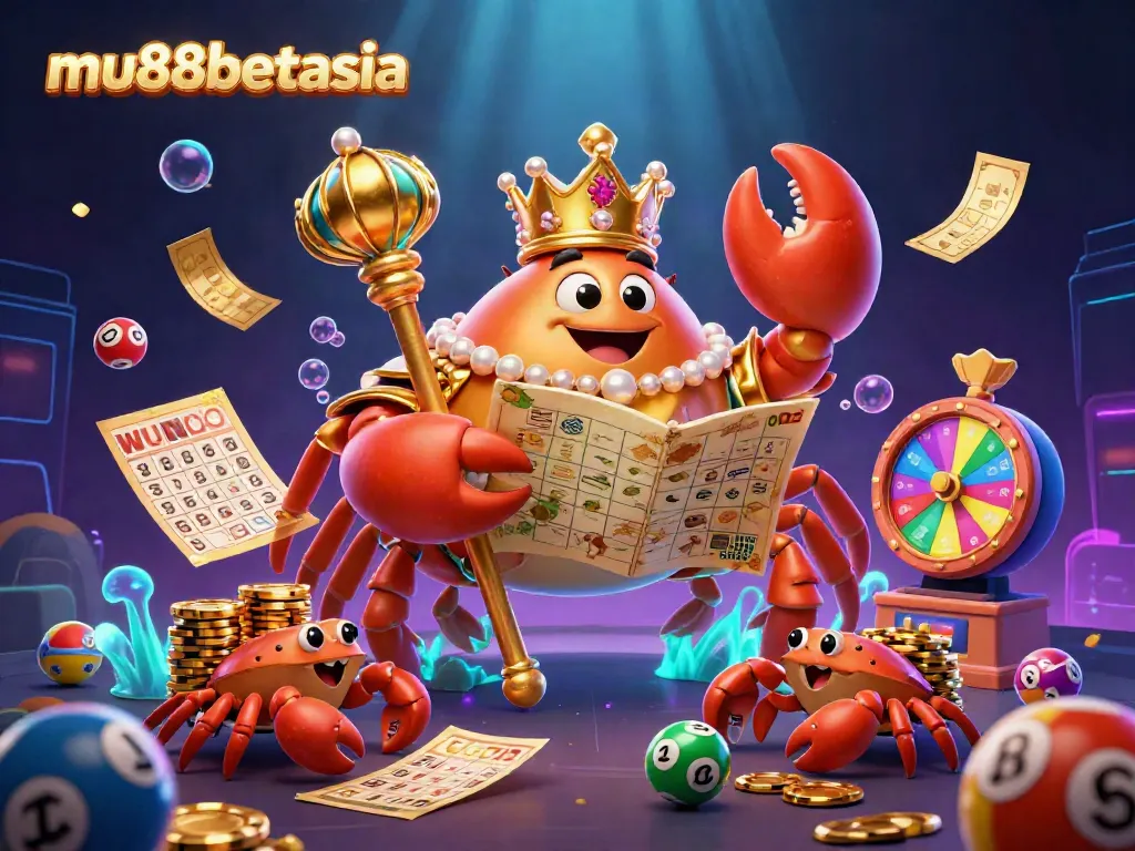 Experience the thrill of mu88betasia with a golden crab emperor and vibrant casino games in a lively underwater scene.