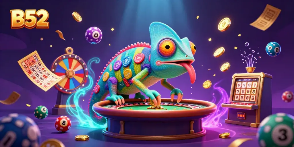 B52 casino illustration showcasing a colorful scene filled with lottery elements, vibrant characters, and luminous effects.