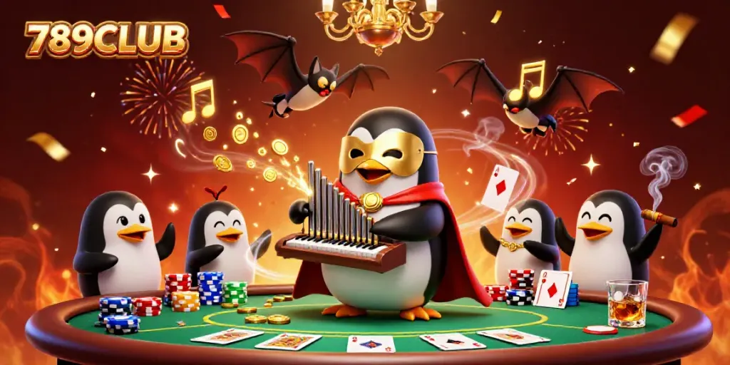 Experience winning excitement with 789CLUB as cartoon characters celebrate with poker elements in a dazzling casino scene