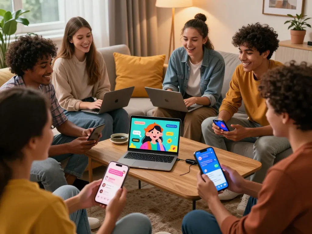 Friends interacting with juicy ai chatbots in a cozy apartment.