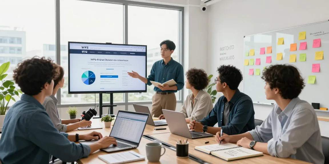 Team collaboration showcasing WPS Official Website benefits in a modern office environment with dynamic interactions.