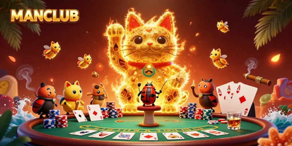 Engage in thrilling casino gameplay with MANCLUB's vibrant golden lucky cat and poker elements.