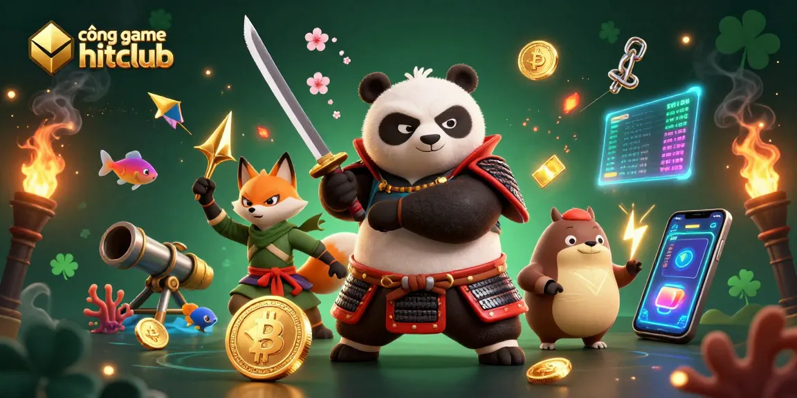 Cổng game hitclub showcases thrilling action with samurai panda and ninja fox amidst vibrant gaming elements.