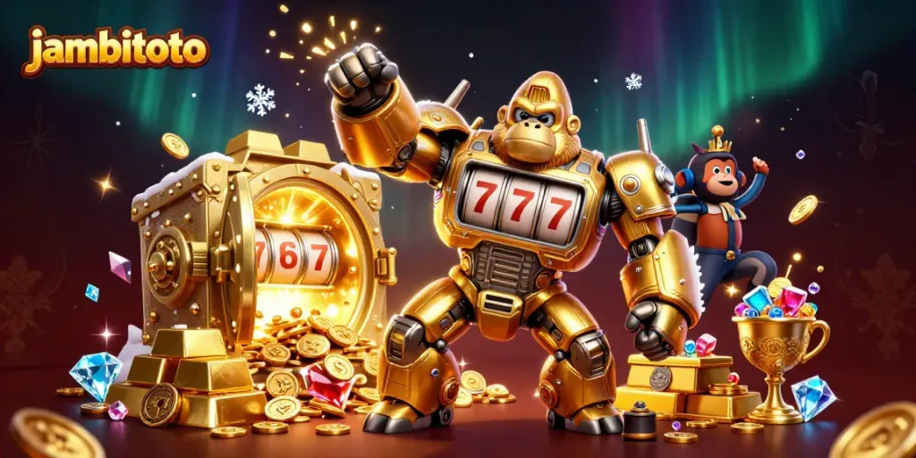 Experience thrilling wins at jambitoto with a dynamic 3D slot-themed illustration showcasing excitement and rewards.