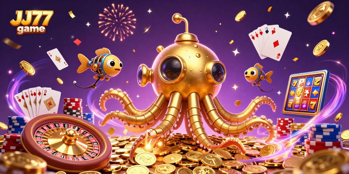 Experience thrilling gameplay at JJ77 game with a vibrant casino scene featuring gold coins and excitement.