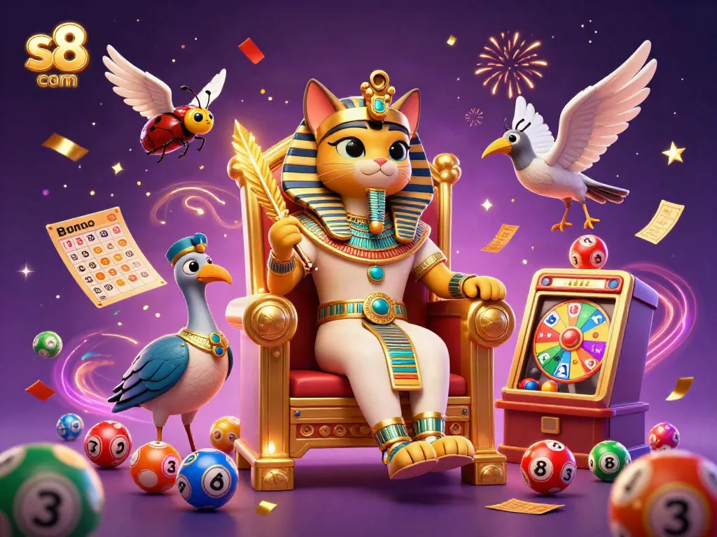 Engage with exciting games at s8 com as a cat pharaoh and ibis scribe celebrate a lottery victory.