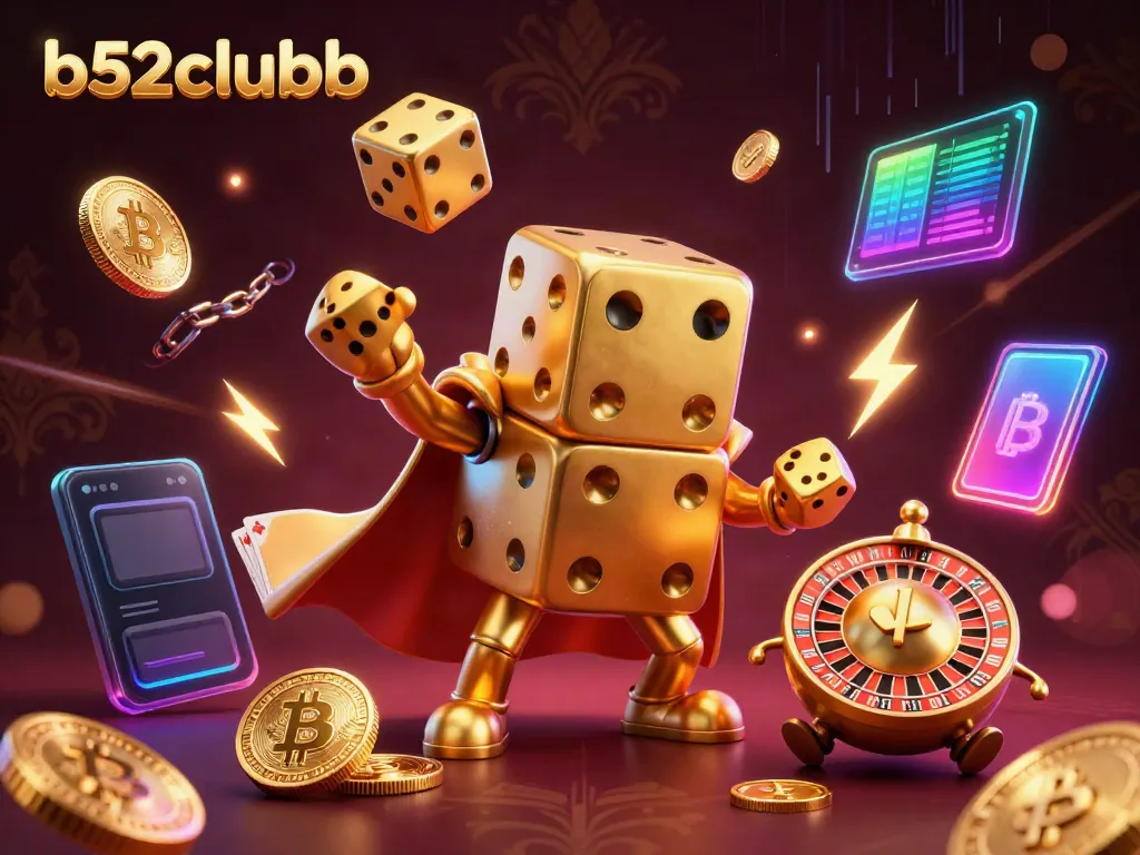 Engage with b52clubb's vibrant 3D casino scene featuring golden dice and crypto elements.