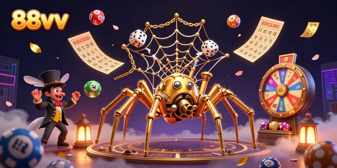 Engage with luck in a vibrant scene featuring 88vv's golden spider and lottery excitement.