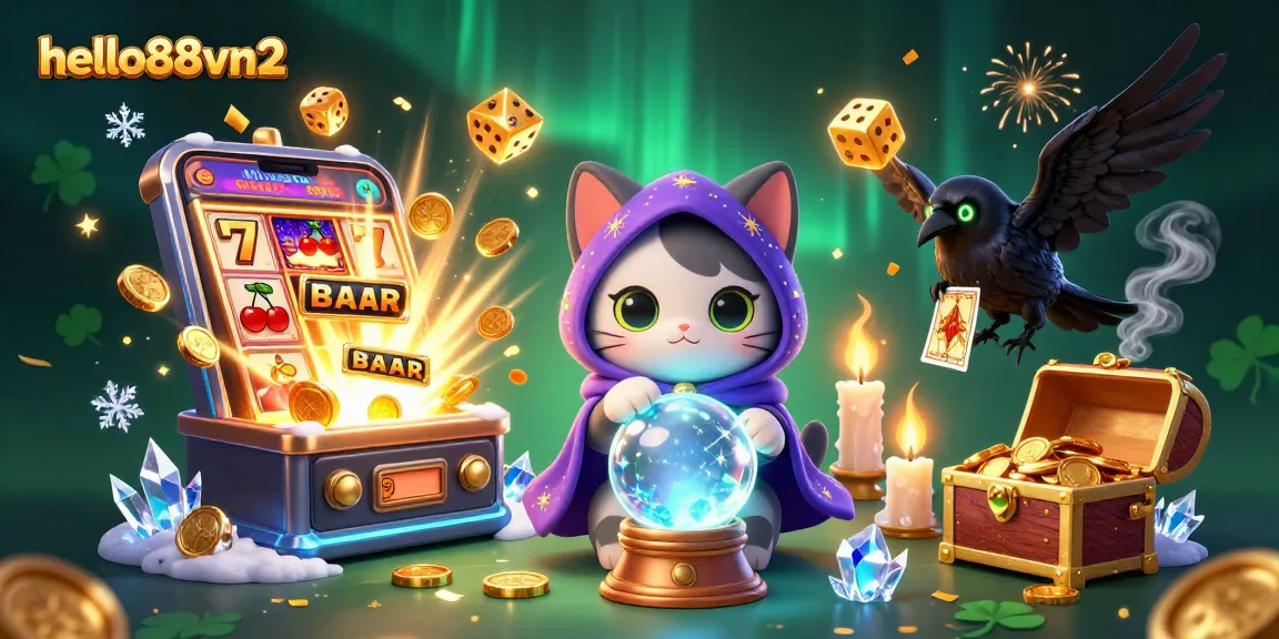 Experience the magic of hello88vn2 with a vibrant casino scene featuring a mystic cat, raven, and exciting gameplay elements.