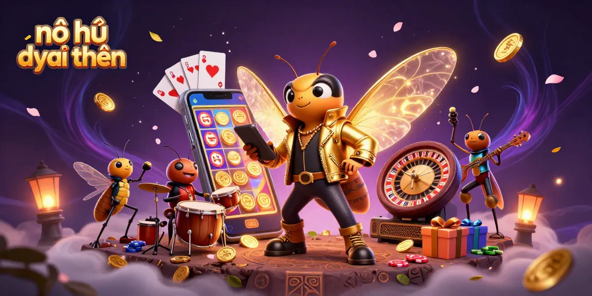 Nổ hũ đổi thưởng scene depicting a vibrant cartoon cicada rock star amidst slot games and enchanting elements.