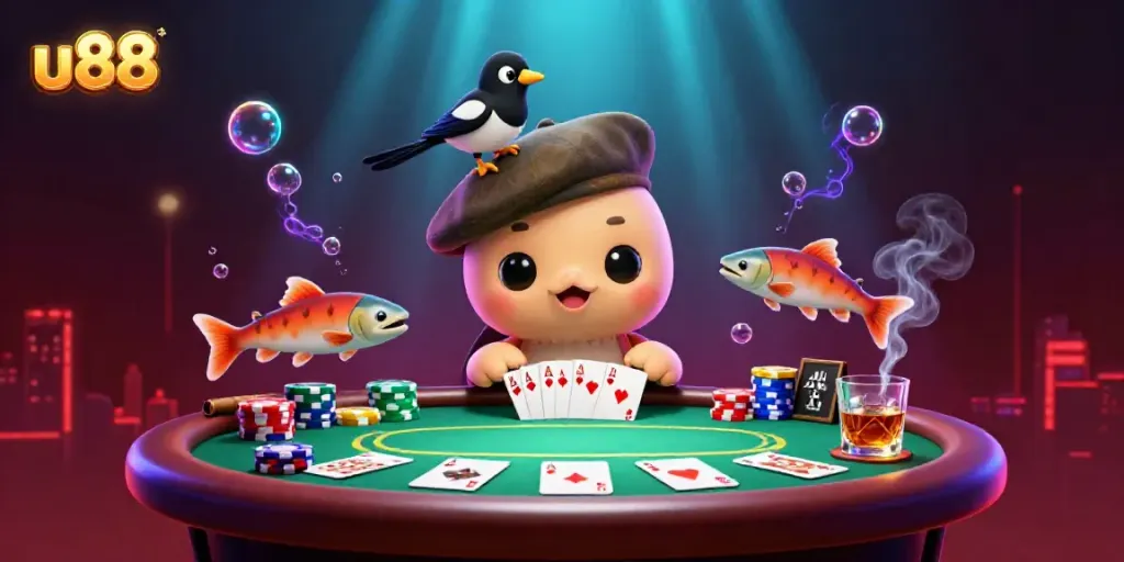 Engage with u88 in this vibrant 3D scene featuring animated characters and rich casino elements.