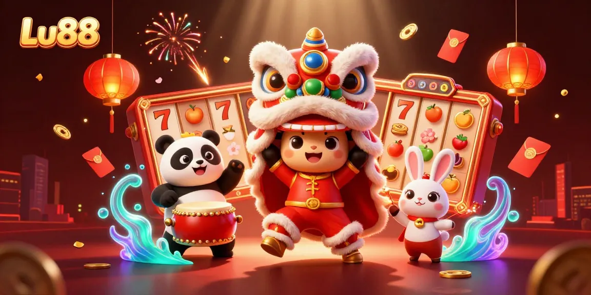 Engage with Lu88's exciting slot games featuring vibrant characters and festive elements in a dynamic 3D scene.