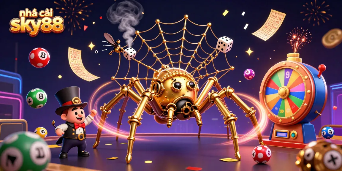 Catch exciting opportunities at nhà cái sky88 with golden chains, vibrant lottery balls, and festive confetti raining down.