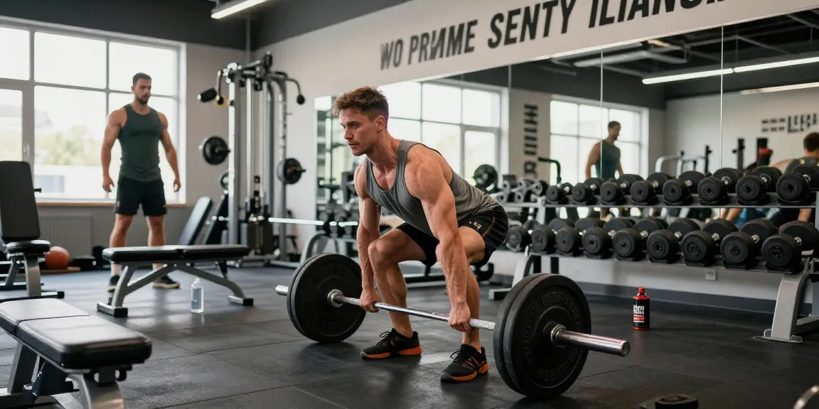 Prime Pharma Steroiden muscle training scene showcasing a bodybuilder lifting weights in a modern gym