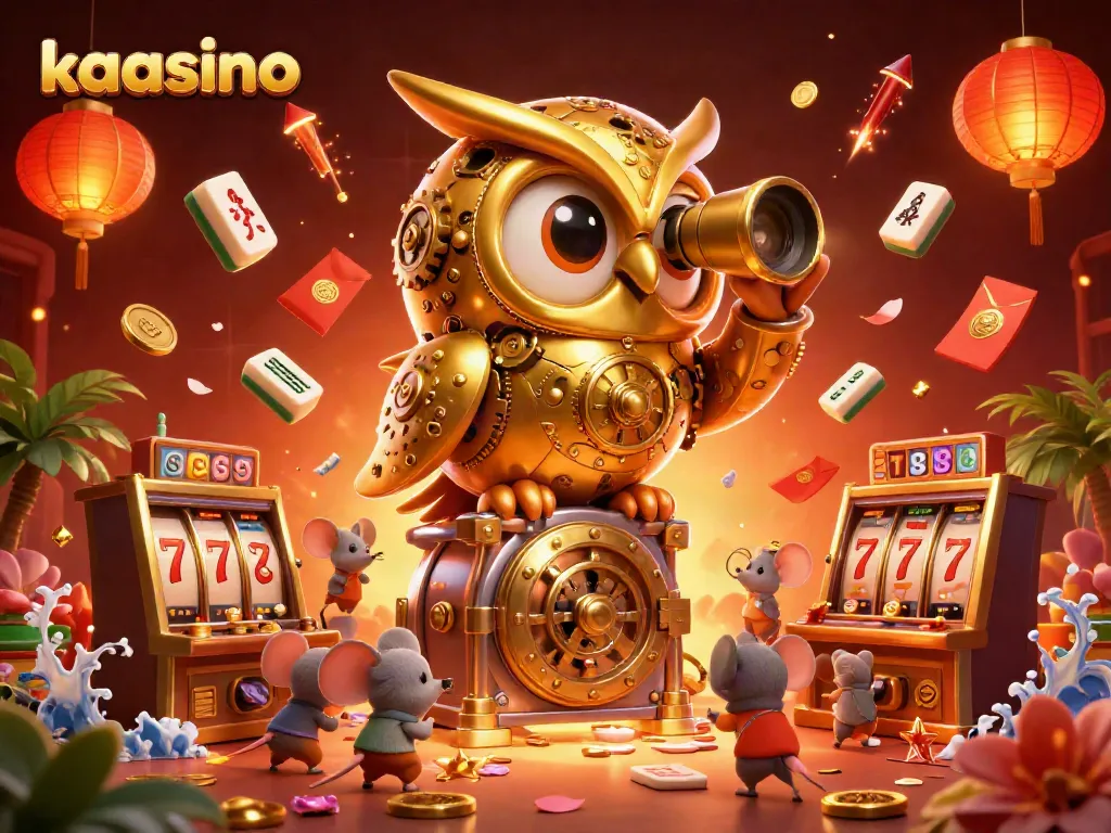 Kaasino offers thrilling gameplay with a golden owl and wind-up mice in a vibrant casino scene.