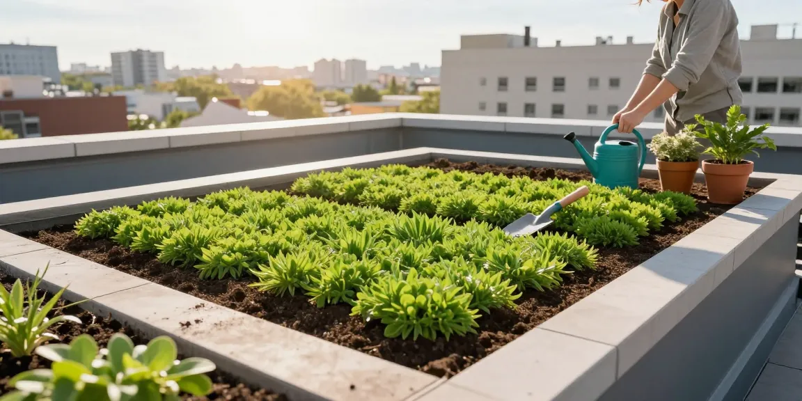 Persoon die een sedumgroendak installeert, zelf sedumdak maken op een stedelijk dak, dat duurzame tuinbouw toont.