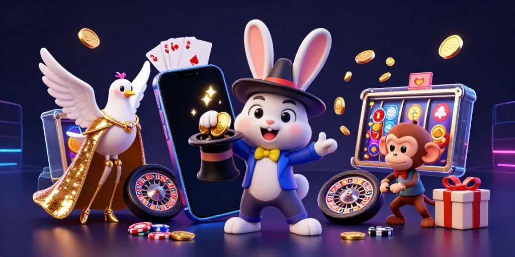 MANCLUB magic unfolds as a rabbit conjures golden coins amidst vibrant casino elements.