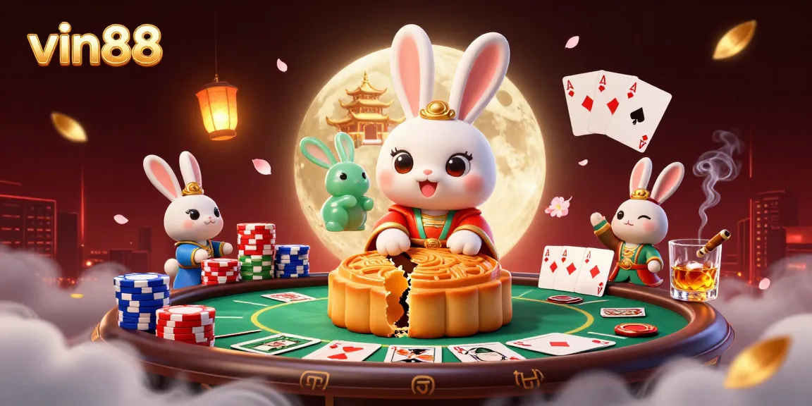 Experience vin88's vibrant casino atmosphere with a moon rabbit and poker elements.